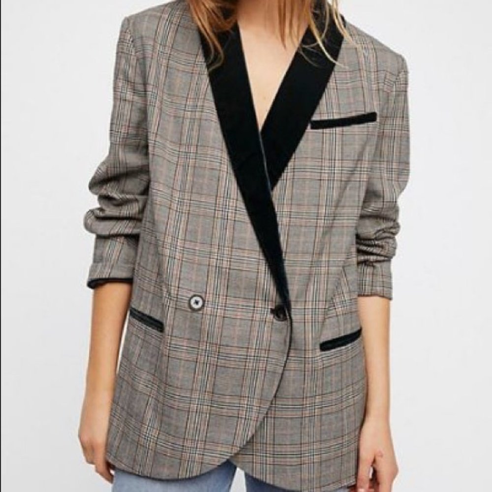 Free People Plaid Velvet Trim Blazer Jacket